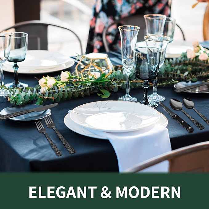 EWFEN 24-Piece Black Silverware Set with Steak Knives, Black Flatware Set for 4, Food-Grade Stainless Steel Tableware Cutlery Set, Mirror Finished Utensil Sets for Home Restaurant, Hammered Edge
