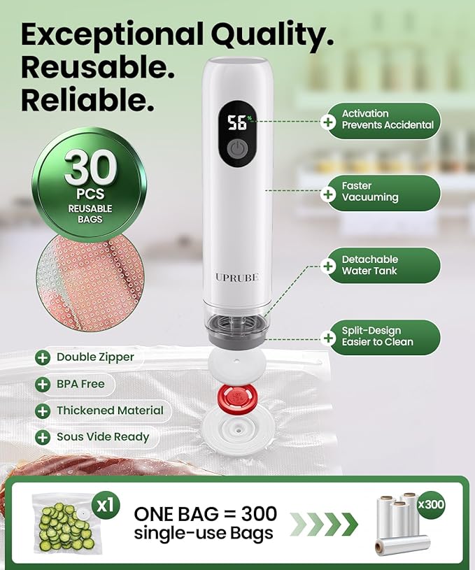 Compact Vacuum Sealer for Food (Vacuum Sealer Machine + 30 Reusable Vacuum Bags), Powerful Handheld Food Vacuum Sealer Machine with LED Display & Liquid Drainage Tube, Portable Food Sealer