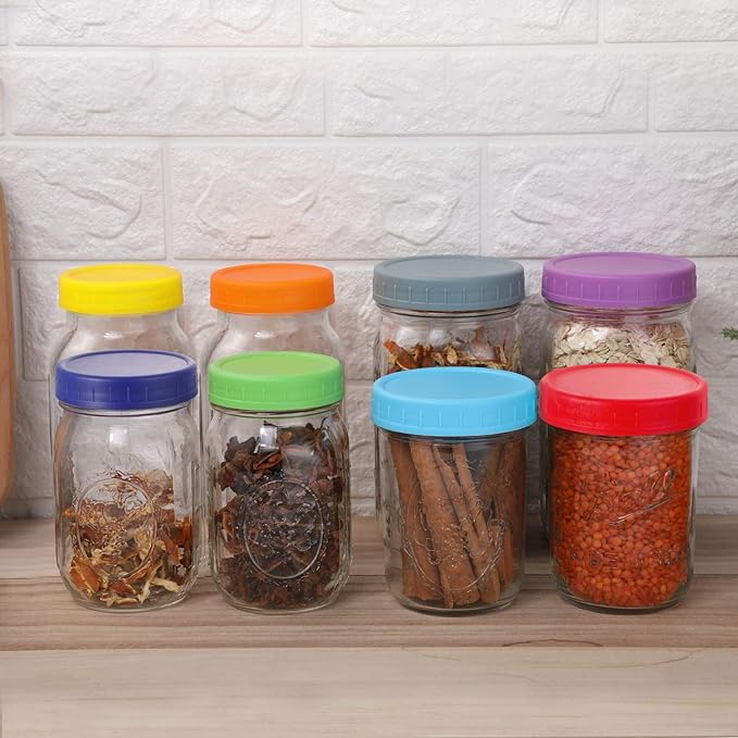 AOZITA 16 Pack Plastic Mason Jar Lids Fits Ball, Kerr & More - 8 Wide Mouth & 8 Regular Mouth - Colored Storage Caps for Canning Jars, Dishwasher Safe & Food Grade & Leakproof