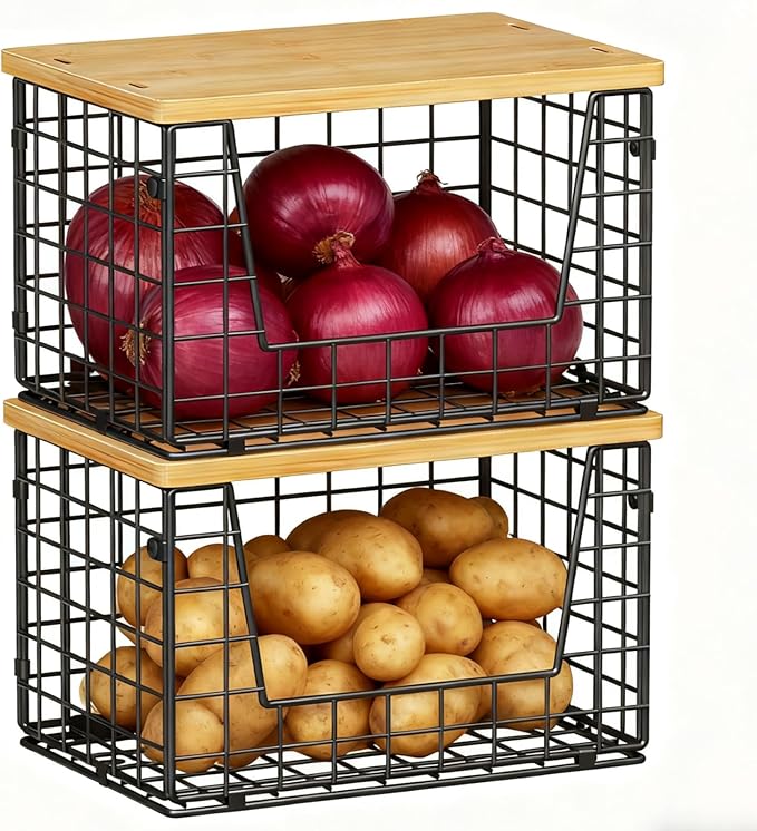 keomaisyto Stackable Wire Baskets, 2-Pack - Kitchen & Pantry Organizers for Potato, Onion Storage, Heavy-Duty Metal Storage Bins for Fruit, Vegetable, Snack, Can