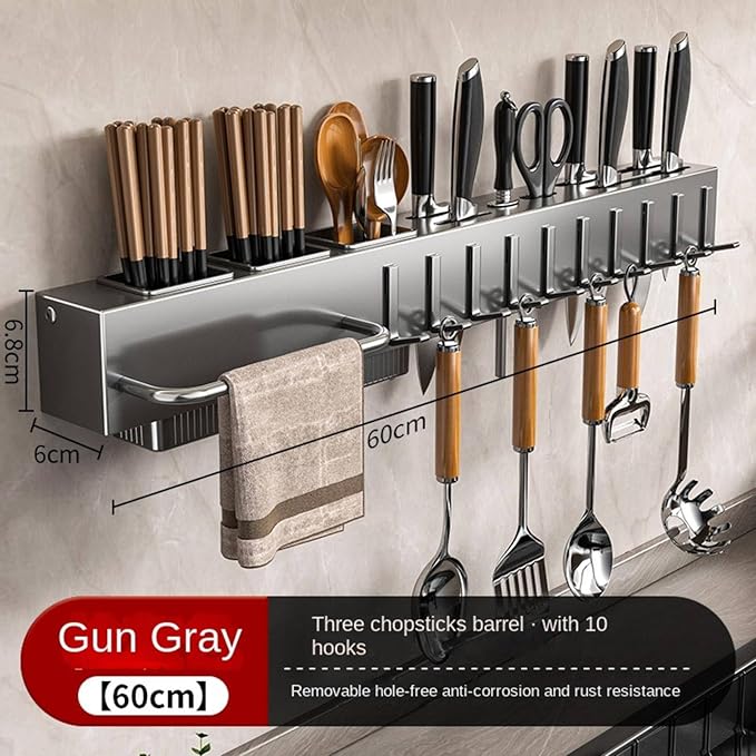 New Multi-Functional Kitchen Rack Home Wall-Mounted Knives Chopstick and Spoon Storage Rack Punch-Free cookware draining Rack, 40, Gray
