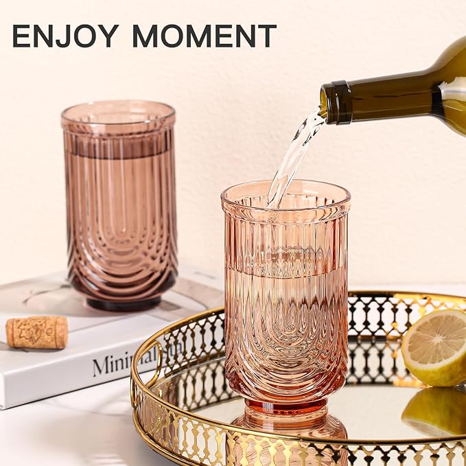 JOVGANK Amber Vintage Glassware Set of 6-17Oz Brown Water Drinking Glass, Art Deco Ripple Highball Glass, Whiskey Cocktail Glasses, for Bar Ice Coffee Juice, Housewarming Gifts and Mother's Day Gift