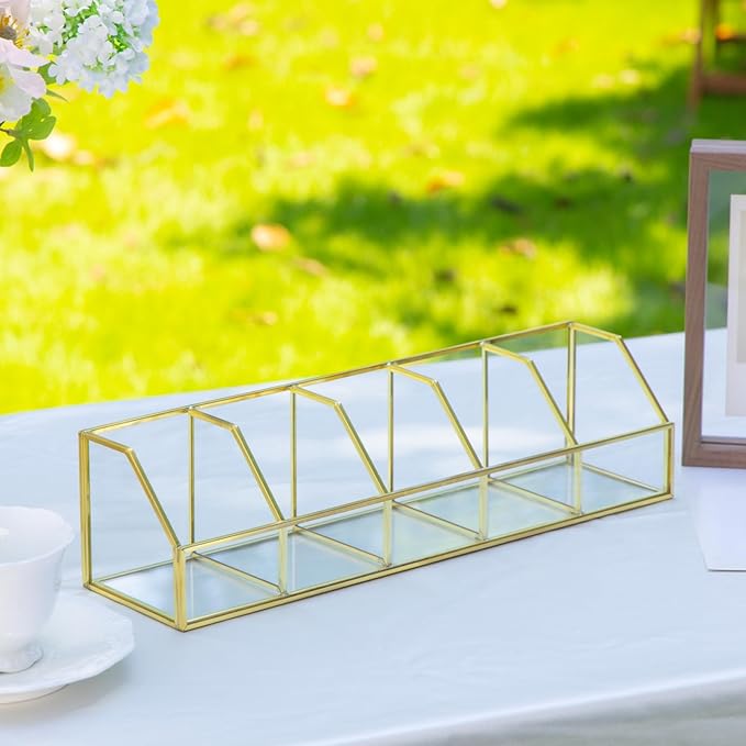 NCYP Glass Tea Bags Organizer with 5 Slots Compartments, Indoor Counter Top Display Case, Storage Box without Lid, Gold Teabag Storage Rack, Decor, 14.5 x 3. 6 x 3.6 Inches (Glass Box Only)