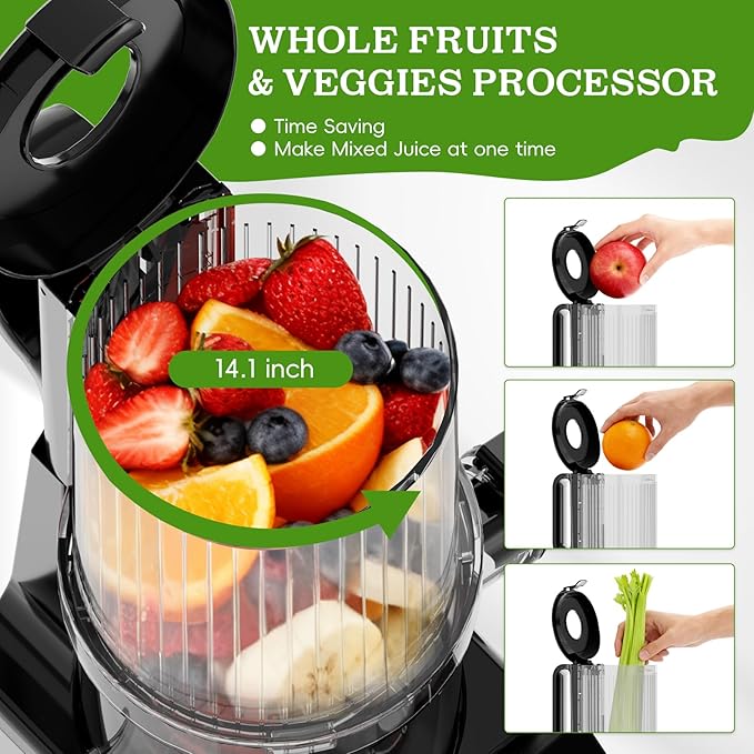 Cold Press Juicer, Wide Feed Chute Juicer Machines, Stainless Steel Slow Masticating Juicers Easy to Clean, Vegetables & Fruits Juice Extractor, High Juice Yield, Platinum Color Knob