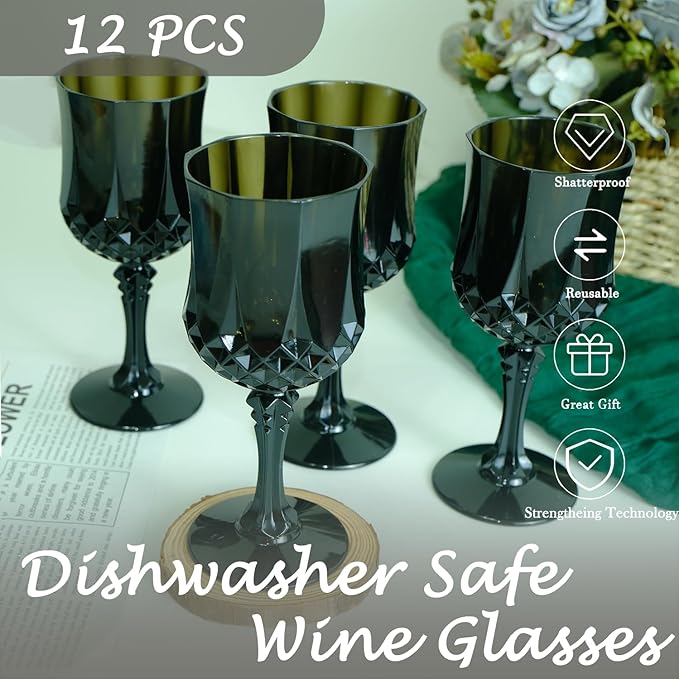 Plastic Wine Glasses, Plastic Goblets Vintage Style Cordial Unbreakable Drinking Glasses, Reusable Drinkware for Wedding Reception, Grand Event Party Supplies (12, Black)
