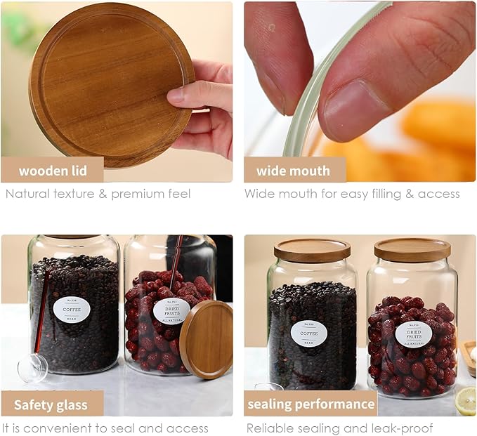 1 Gallon Glass Jars with Acacia Wood Lids and glass spoon, Sealable Waterproof, Borosilicate Large Tall Glass Sugar Flour Storage Container Jar Set for Coffee, Nut, Candy, Cereal - 2 Pack