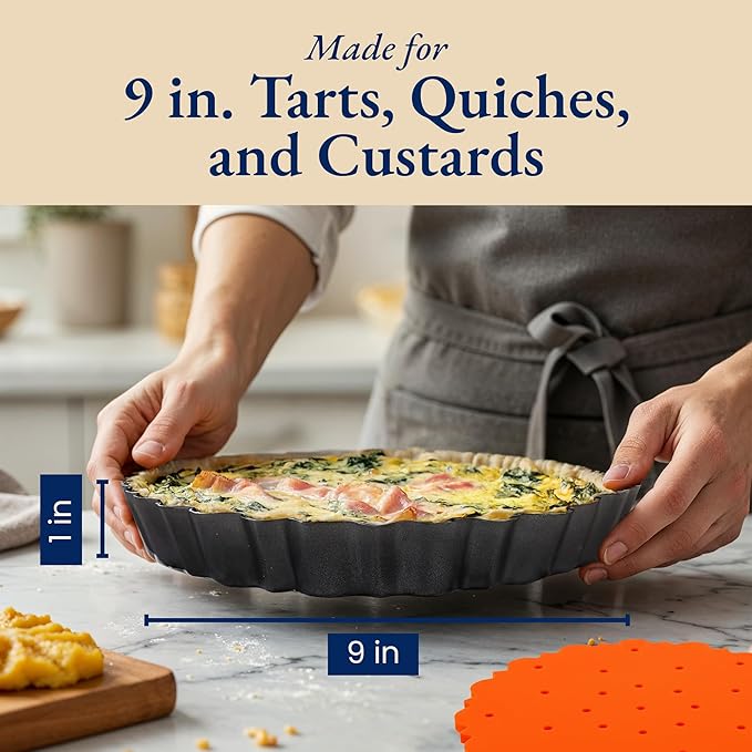 Patz&Patz All-in-One Fluted Tart Pan 9 Inch Removable Bottom Set with Patented Silicone Crust Shaper & Pie Weight | Nonstick Carbon Steel Quiche Baking Dish & Tart Molds for Baking - PFOA & PTFE-Free