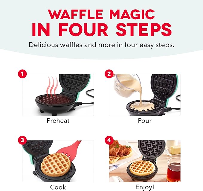 Dash Mini Waffle Maker- Compact Electric Iron for Creative Homemade Treats - PTFE nonstick surface - Easy-to-Clean - Perfect for Kids & Families - Pink