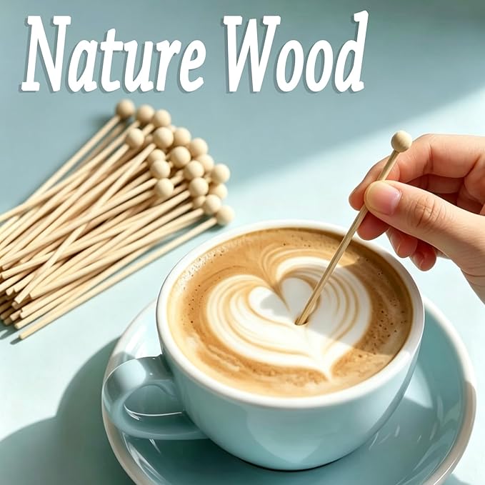 100PCS 6 Inch Wooden Rock Candy Sticks with Ball, Wood Swizzle Sticks for Drinks Cake Pops Coffee Stirrers Lollipop Making, Ideal for Party Supplies Home Baking DIY Dessert