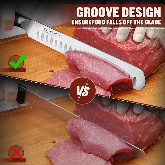 DRAGON RIOT 10 inch Premium Brisket Knife, Razor Sharp Carving Knife with Ergonomic Handle Design, Granton Edge, Hand Forged Brisket Slicing Knife for Meat and BBQ Cuting Gift for Men