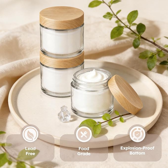 2 oz Glass Jars with Lids, 36 Pack Clear Small Glass Jars with Woodgrain Lids Leakproof Round Airtight Empty Cosmetic Travel Containers with Inner Liners for Lotions Powders and Candle Making