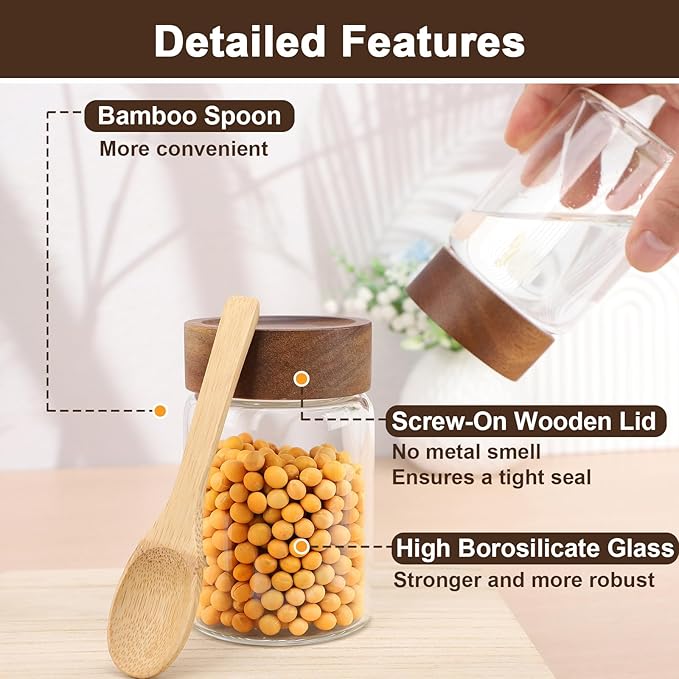 Glass Jar with Airtight Lid, 4 Pack 7oz Glass Canister with Wood Lids, Kitchen Food Storage Containers, Wooden Screw Top Glass Coffee Jars for Sugar, Tea, Oatmeal, Candy, Seasoning, Beans, Salad