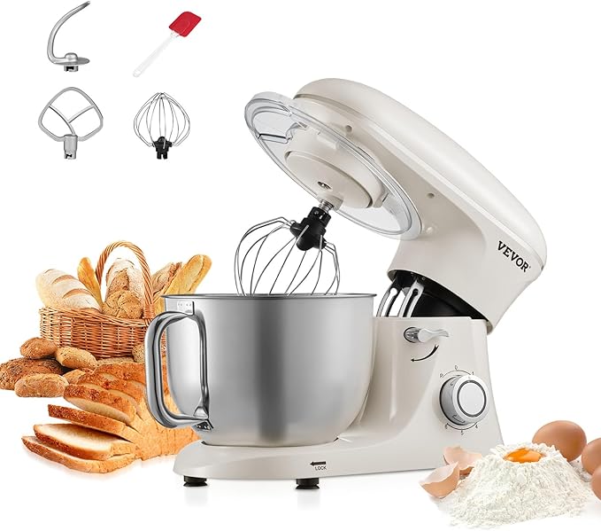 VEVOR Stand Mixer, 6 QT Dough Mixer, 660W 6 + P Speeds Tilt-head Food Mixer with Stainless Steel Bowl, Dough Hook, Wire Whip, Flat Beater, Scraper, Household Stand Mixer for Baking & Mixing, White