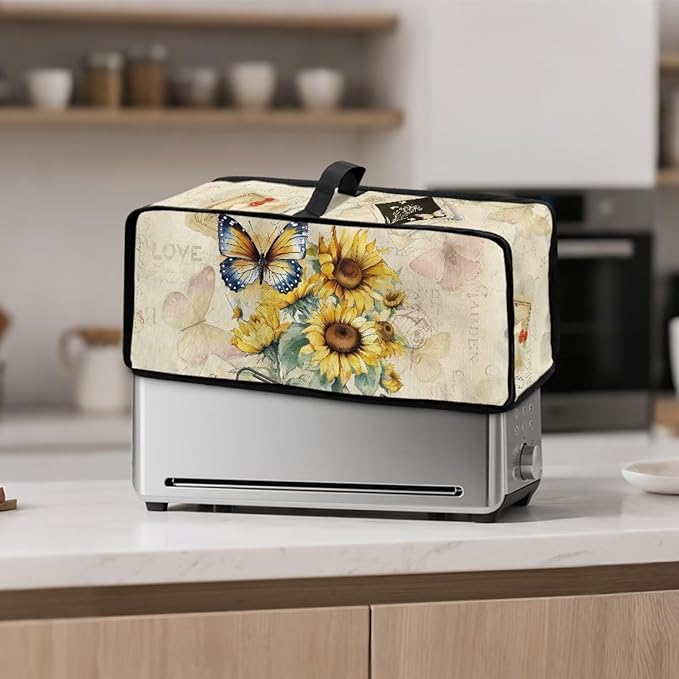 Toaster Cover 2 Slice Sunflower Butterfly Water-Resistant Folding 2 Slice Slim Toaster Cover, Heat-Resistant Dustproof Protective Covers for Small Appliance, Beige