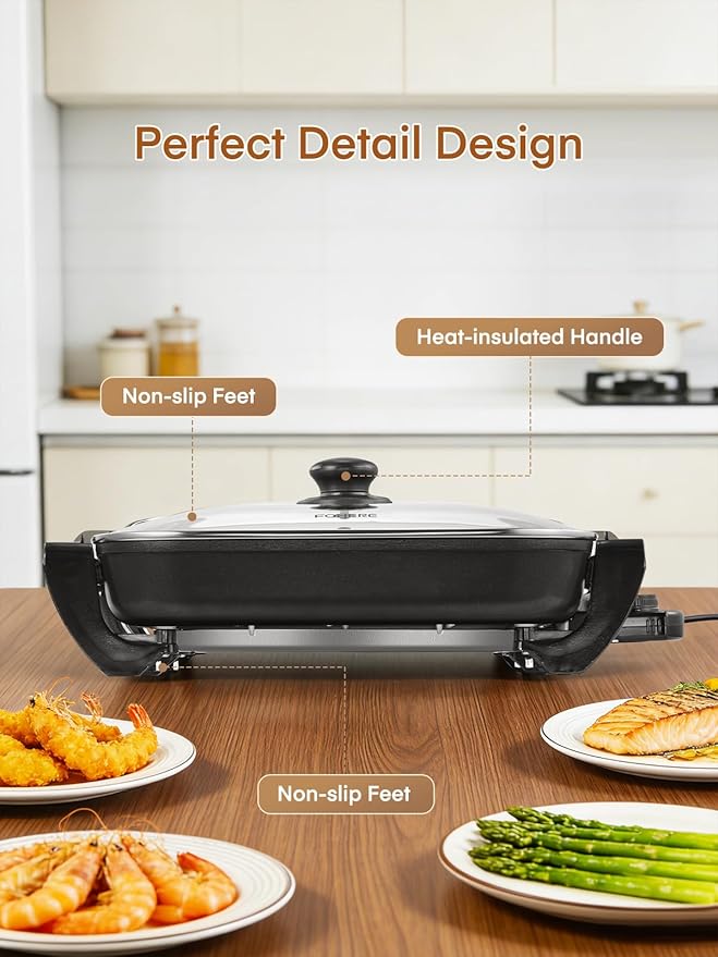 FOHERE 16-Inch Electric Skillet with Glass Cover, 1500W Rapid Heat, Adjustable Temperature, Multi-Purpose Electric Skillet Fried Chicken, Perfect For Family Gathering Cooking