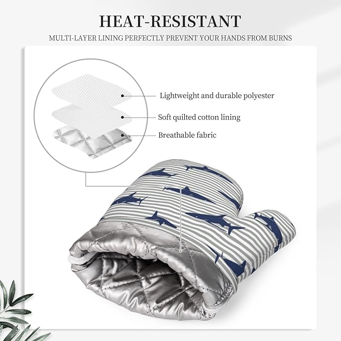 Sharks Oven Mitts and Pot Holders Sets Silicone Blue Shark Grey Stripes Kitchen Oven Mitts Hot Pads Heat Resistant Potholders Kitchen Mitts Set for Baking BBQ Cooking