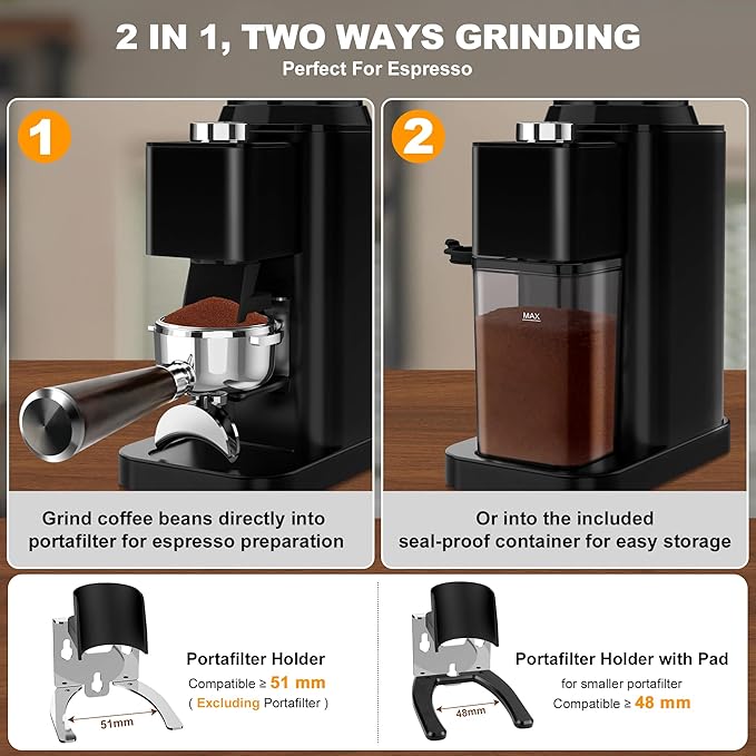 Electric Conical Burr Coffee Grinder with 48 Grind Settings, 35s Timer, Detachable 48-51mm Portafilter Holder, Anti-Static, Low Noise for Home Espresso, Drip, French Press (Black)