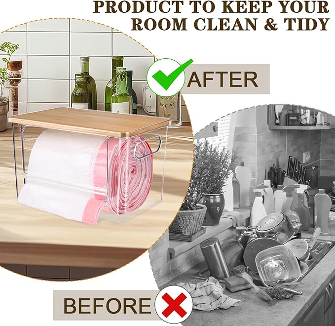2 PCS Trash Bag Holder Dispenser Under Sink, Extra Large Garbage Bag Holder Organizer with Bamboo Top & Handles