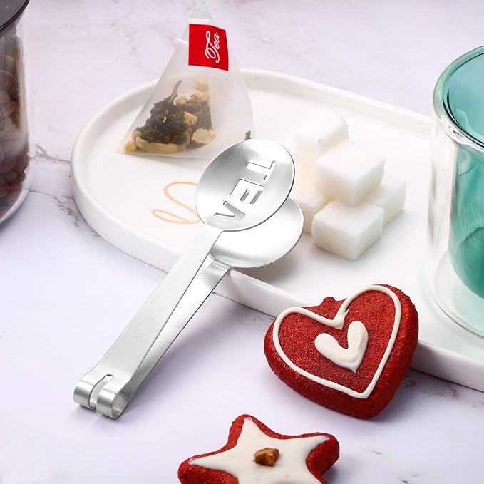 Tea Bag Squeezer Tongs Stainless Steel Spoon for Bags Silver Strainer Clip Tea Squeezer for Loosing Leaf, Gripping Ice Cube, Sugar(4 Pieces)