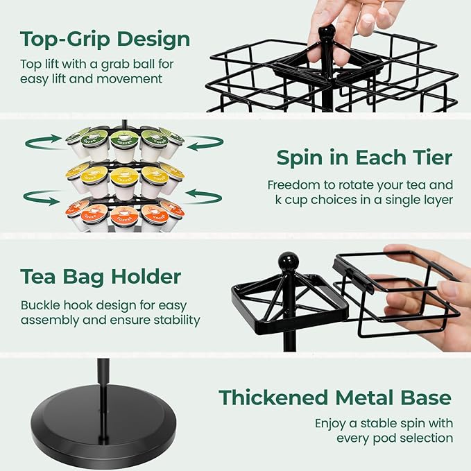 EsLuker.ly K Cup Holder Coffee Pod Organizer Carousel for Countertop, Rotatable Metal 4-Tier Storage Rack Stand for 30 K Cups & Tea Bags, Convenience Meets Elegance