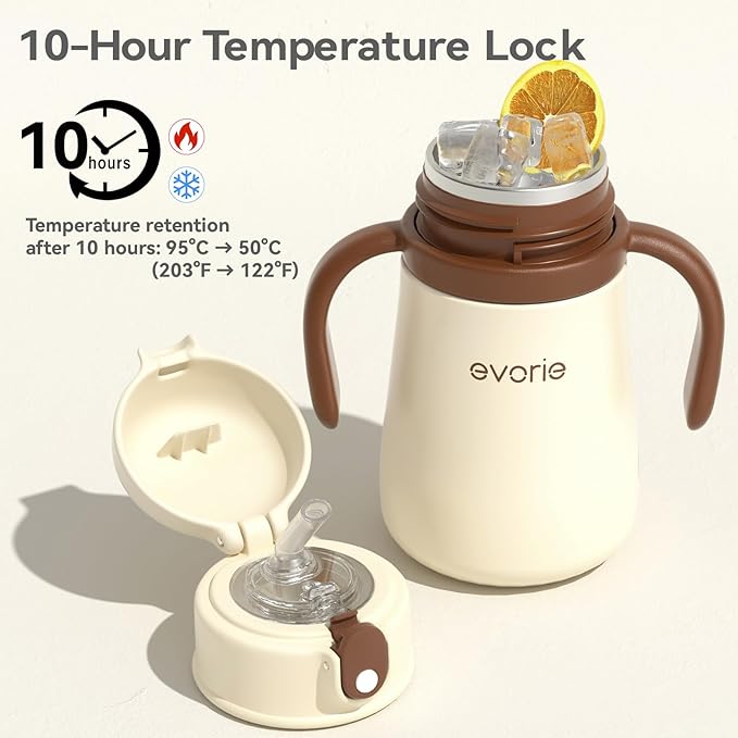 Evorie 11oz Leak Proof Vacuum Insulated Stainless Steel Sippy Cup for Toddlers (1 Pack, White) + Replacement Straw Set Bundle