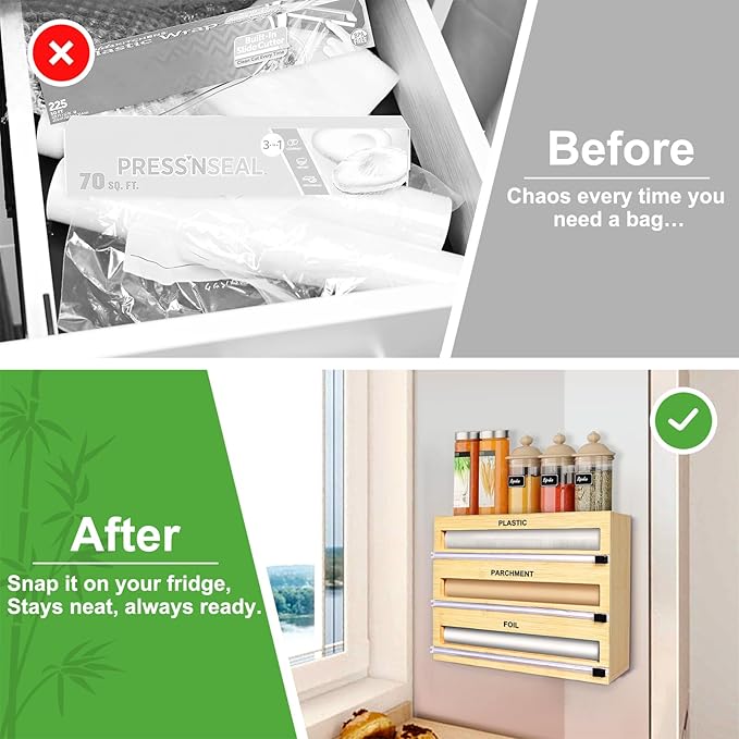 Magnetic Plastic Wrap Dispenser with Cutter, 3 in 1 Refrigerator Bamboo Organizer for Tin Foil, Baking Paper, Wax Paper Holder Kitchen Storage Box Compatible