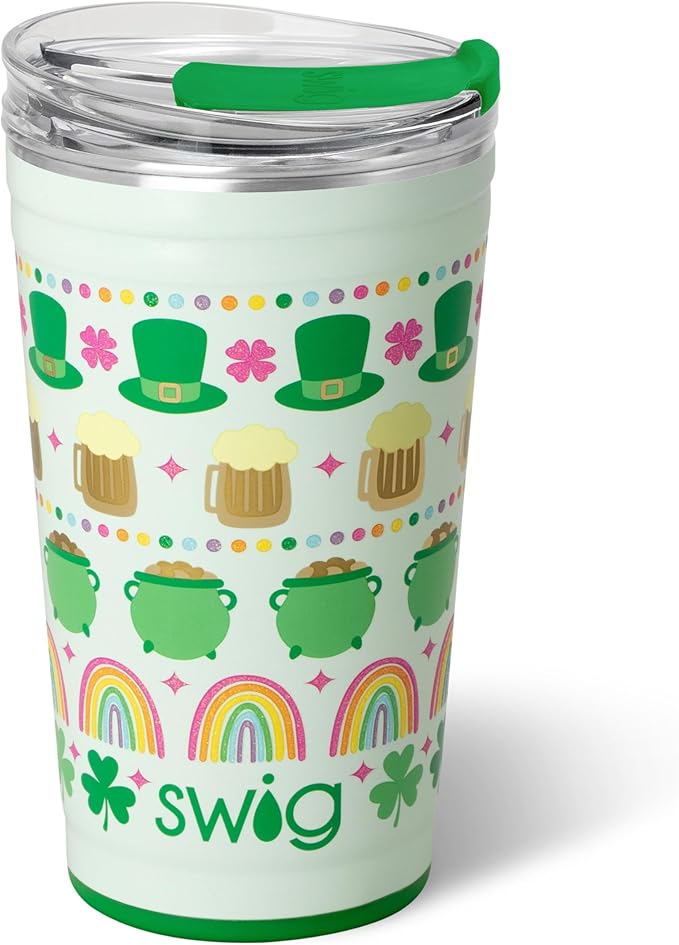 Swig Life 24oz Party Cup, Stackable Insulated Travel Coffee Tumbler with EZ Slider Lid, Cup Holder Friendly, Stainless Steel 24 oz Tumbler, Reusable Coffee Mug (Lucky Charm)