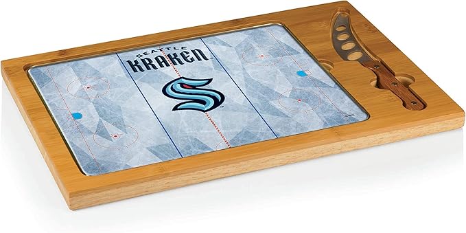 PICNIC TIME NHL Seattle Kraken Hockey Rink Icon Glass Top Cutting Board & Knife Set, Cheese Boards Charcuterie Boards, Serving Platter, (Parawood & Bamboo)