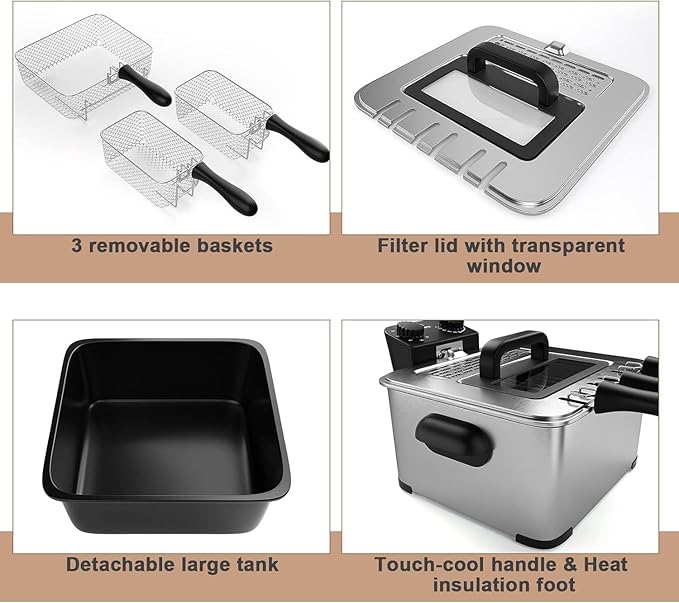 Deep Fryers with Triple Baskets - Simoe 5.3QT/21 Cup Electric Large Fryer, Friteuse 1700W Stainless Steel Deep Fryer with Lid, Adjustable Temperature & Timer & View Window, Professional Grade