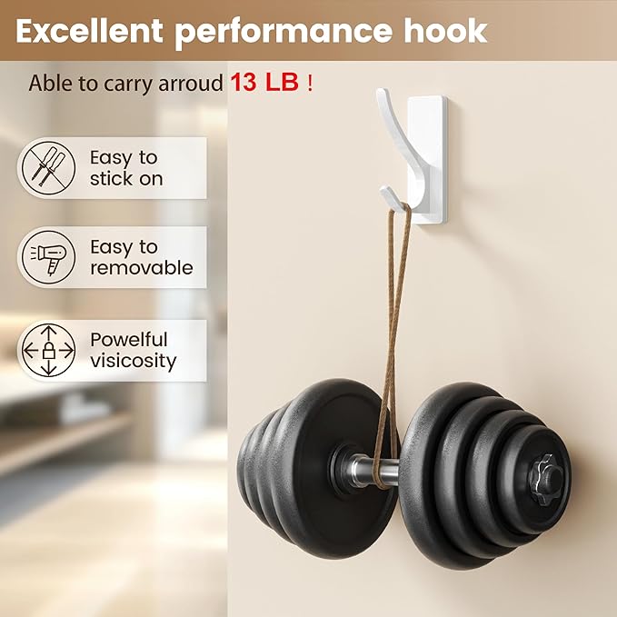 pickpiff White Self Adhesive Coat Hooks for Hanging: 13LB Extra Strong Stainless Wall Hook for Towel, Utensil, Backpack, Hat, Sturdy Metal Hanger for Bathroom, Kitchen, Door, 4-Pack