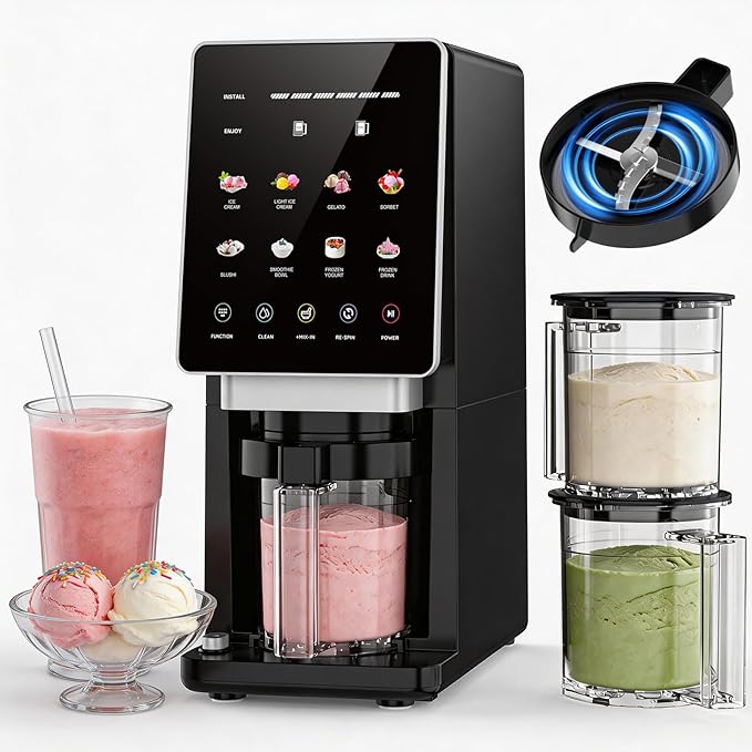 H-Duka 10-in-1 Ice Cream Maker Machine, 800W Frozen Treat Maker for Silky Gelato, Sorbet&Slushies, One-Touch Mix-In & Re-Spin for Creamy Texture, Keto & Vegan, Includes 3 Pints & Recipe Guide, Black