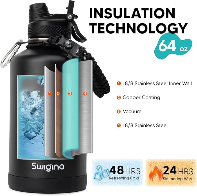 Swigina [2-IN-1 LID] 64 oz Insulated Water Bottle with Silicone Boot (48hrs Cold/24hrs Hot) - DIY Stickers, Leakproof, BPA Free, Half Gallon