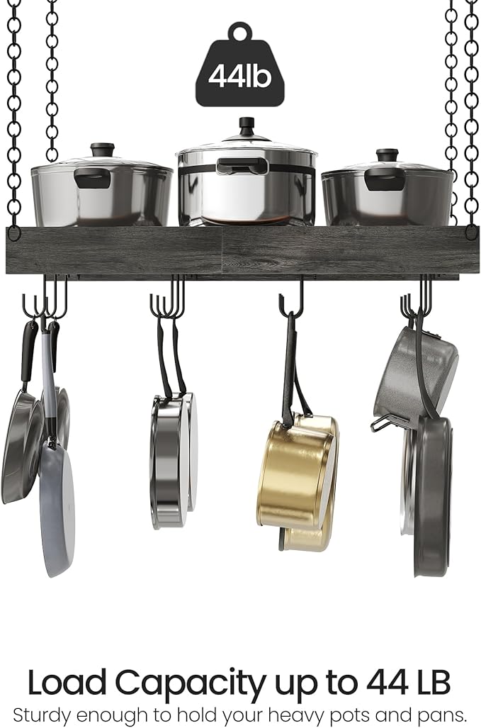 CHOEZON Hanging Pot Rack, Ceiling Mounted Pot Hanger, Vintage Pot Rack for Kitchen, Pot Storage Organizer, with 12 S-Shaped Hooks, for Cookware Storage, Space Saving, Charcoal Black and Black TPR01BC