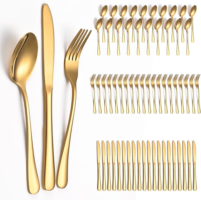 60 Piece Gold Silverware Set - Service for 20, Stainless Steel Flatware Cutlery Set Include Knife Spoon Fork, Mirror Polished Gold Utensils for Wedding, Restaurant, Home, Dishwasher Safe