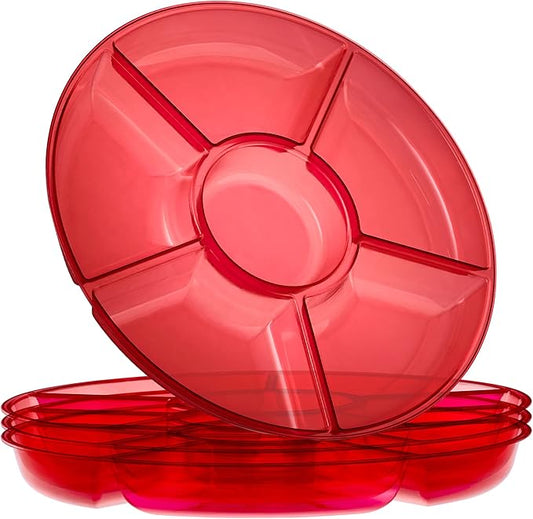 Plasticpro 6 Sectional Round Plastic Serving Tray/Platter (4, Red)