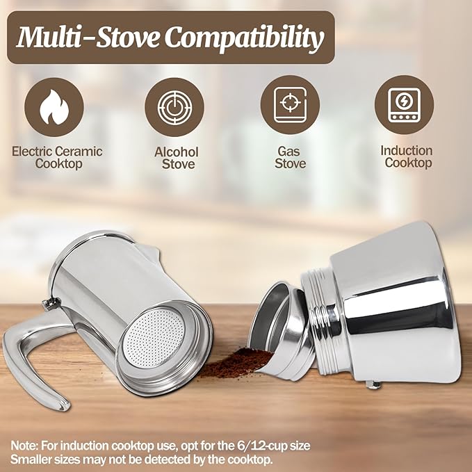12 Cup Thickened Moka Pot 304 Stainless Steel 600ml Italian Espresso Coffee Maker Stovetop CoffeeMakers Mocha Pot Percolator for Induction Stove Classic Cafe Makers Portable for Easy Brewing