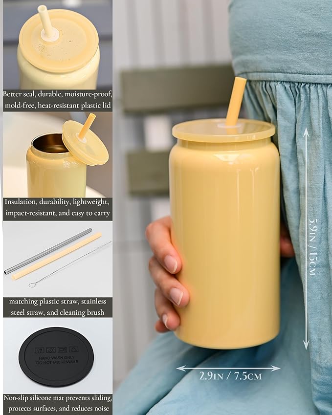 Glass Cups with Lids and Straws, 16oz Stainless Steels Cups, Beer Cups, Iced Coffee Cup, Smoothie Cup, Sublimation Tumbler, Pink (Smooth Polished Finish, Sublimatable)