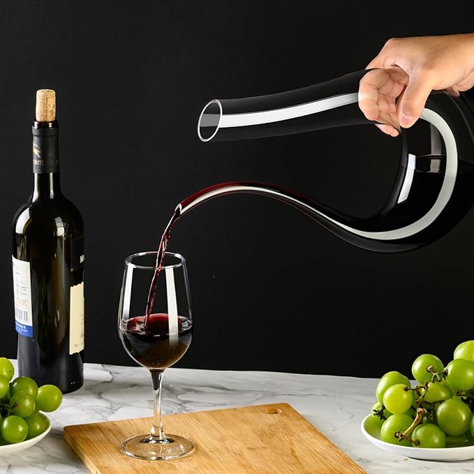 PARACITY Wine Decanter, Hand Blown Lead-Free Crystal Glass Red Wine Decanter 45oz U-Shape with Aerator for Women and Men, Wine Gifts for Christmas, Birthdays