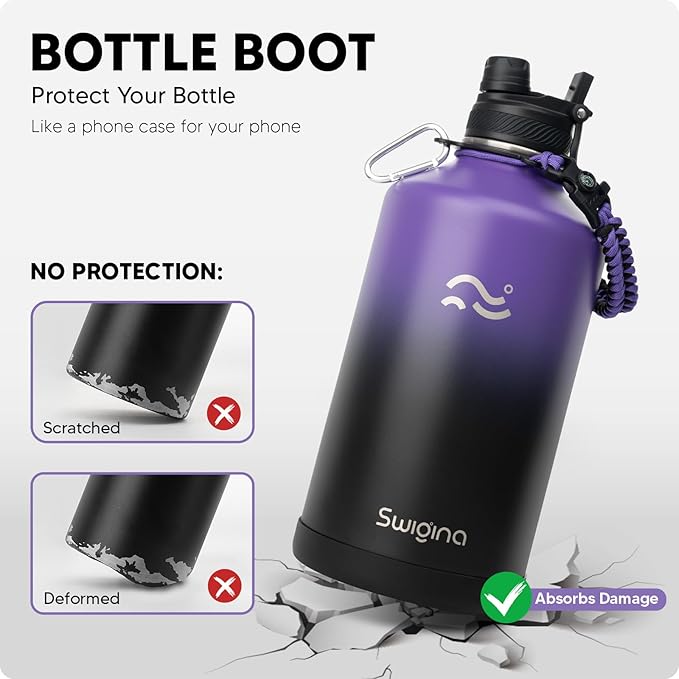 Swigina [2-IN-1 LID] Gallon Insulated Water Bottle with Silicone Boot (48hrs Cold/24hrs Hot) - DIY Stickers, Leakproof, BPA Free, 128 oz