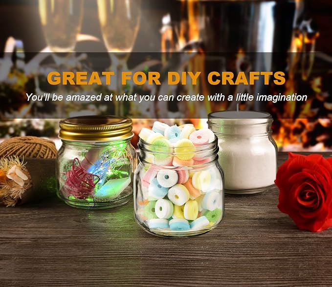 Rainforce Mason Jars 8 oz 30 Pack- Small Mason Jars With Gold Lids -1/4 Quart Canning Jars| Storage Pickling Jars For Jelly, Jam, Honey, Pickles, Spice - With 30 Chalkboard Labels