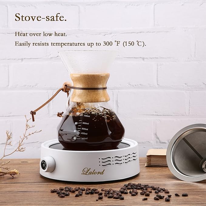 Lalord Pour Over Coffee Maker with Reusable Stainless Steel Filter, 27 oz Borosilicate Glass Coffee Carafe, Wooden Collar, Coffee Maker Carafe, Hold 4-6 Cups, 800 ml, Clear