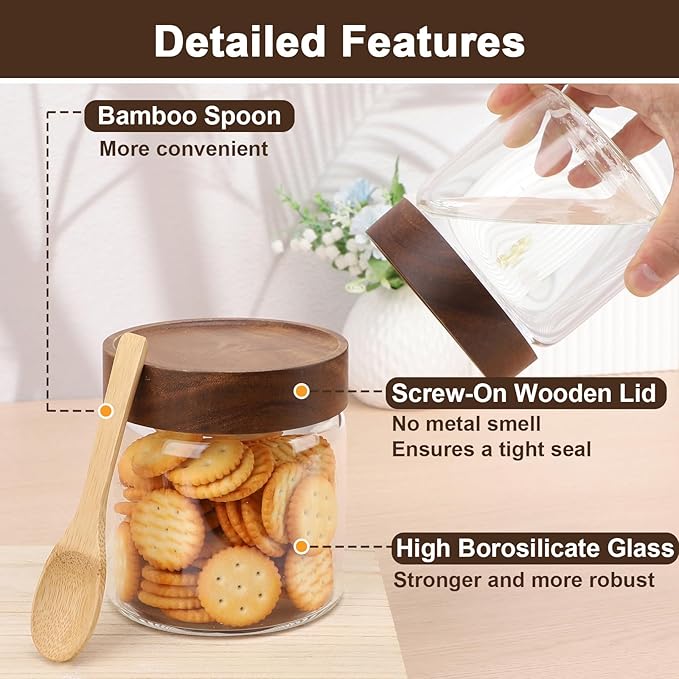 19oz Glass Jar with Wood Lid, 4 Pack Coffee Jars with Airtight Screw Lids, Wide Mouth Pantry Storage Canister for Sugar, Tea, Beans, Snacks, Overnight Oats - 3.9 x 3.9 inch Spice Bottle