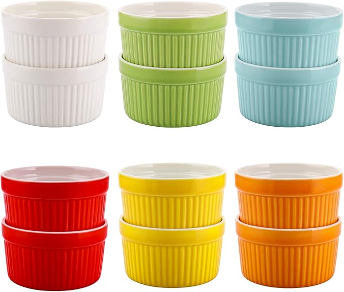 Foraineam 12 Pack 6 oz Ramekins Bakeware 6 Colors Porcelain Souffle Dishes Dessert Custard Baking Cups for Souffle, Creme Brulee and Ice Cream