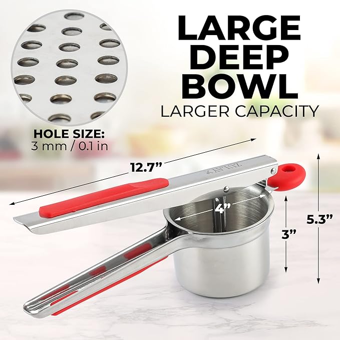Zulay Kitchen Premium Large 15oz Potato Ricer, Heavy Duty Professional Stainless Steel Potato Masher and Ricer Kitchen Tool, Press and Mash Kitchen Gadget - Red and Silver Fixed Disc