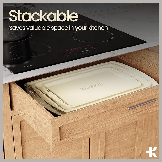 White Marble 10-Piece Bakeware Sets, Nonstick Carbon Steel Baking Sheet & Pans, Stackable Space-Saving Bakeware, Dishwasher Safe, Stain-resistant, PFOAPFOSPTFE Free, Oven Safe Up To 450°F (230°C)