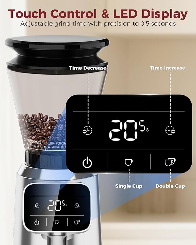 Tuni G2 Conical Burr Coffee Grinder, 70 Grind Settings Anti-static Burr Mill, Precision Electronic Timer and LED Touchscreen for Espresso/Drip/Cold Brew/French Press, Stainless Steel