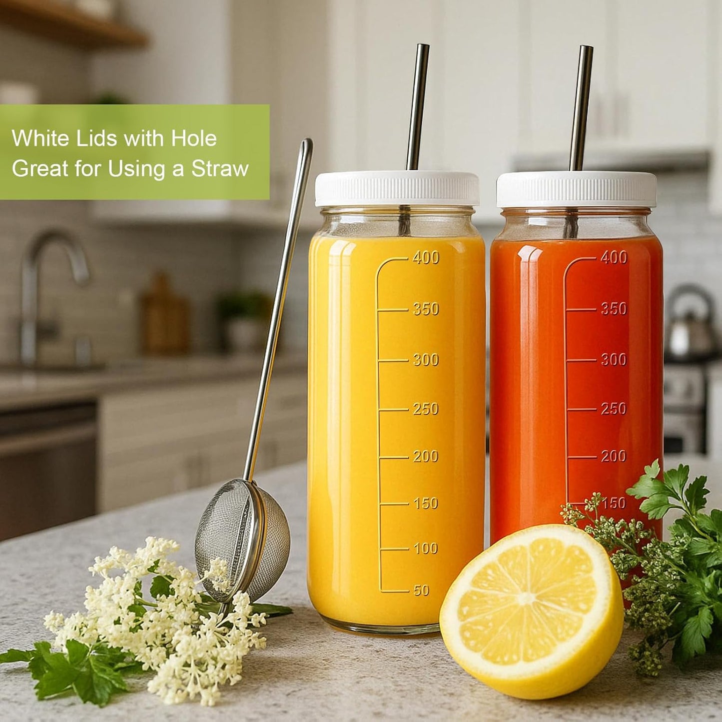 Ruckae 16oz 10 Pack Juice Bottles, Glass Bottles with Lids, Smoothie Cup Lids and Straws, Water Bottle Mason Jar Drinking Glasses for Juicing, Smoothies, Kombucha