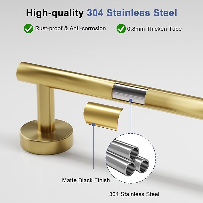 Brushed Gold Towel Bar, 18 Inch Towel Racks for Bathroom Wall Mounted, SUS304 Stainless Steel Bathroom Towel Holder, Total Length 20.4 Inch Towel Bars