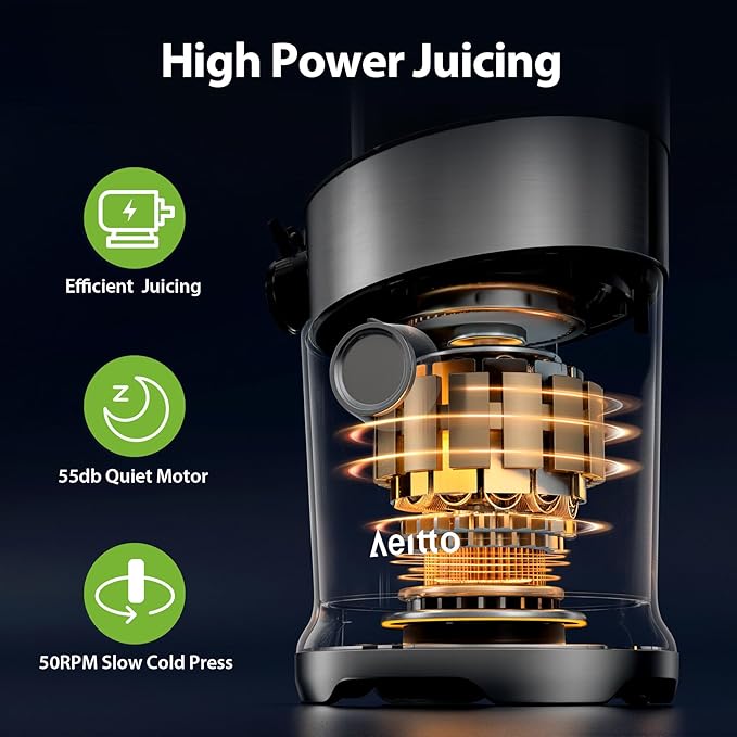 Cold Press Juicer Fits Whole Fruits, Aeitto Masticating Juicer Machines with Wide Feed Chute, Juice Extractor Machine Easy to Clean, High Juice Yield, Easy to Assemble, Self Feeding