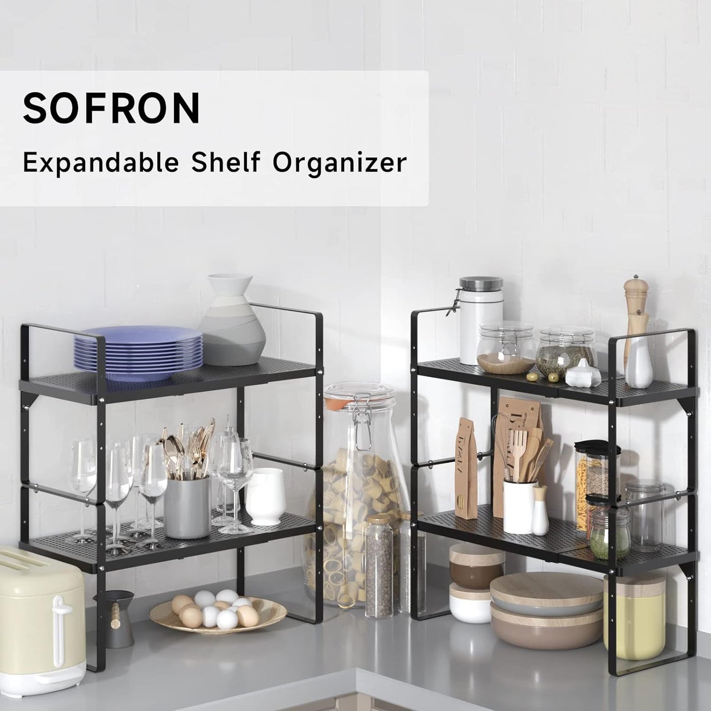 Expandable Cabinet Organizer Shelf, Stackable Shelf Riser for Small Kitchen Pantry Desk Cupboard Tabletop Countertop Home Office, Heavy Duty, Black Small 1 Pack